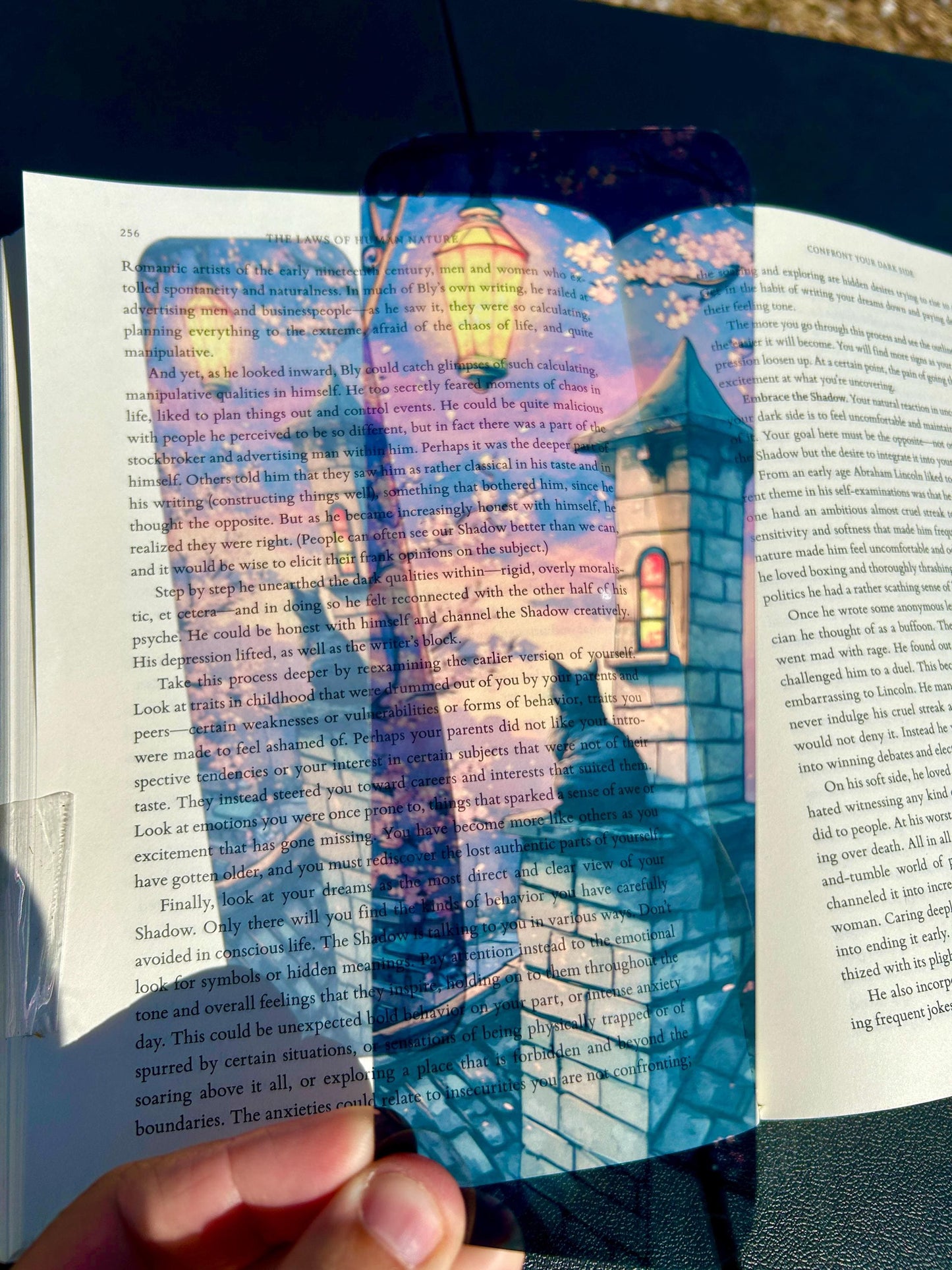 Midnight Rooftop Cat Bookmark with Cherry Blossoms and Lantern Glow – Stained Glass Fantasy Art