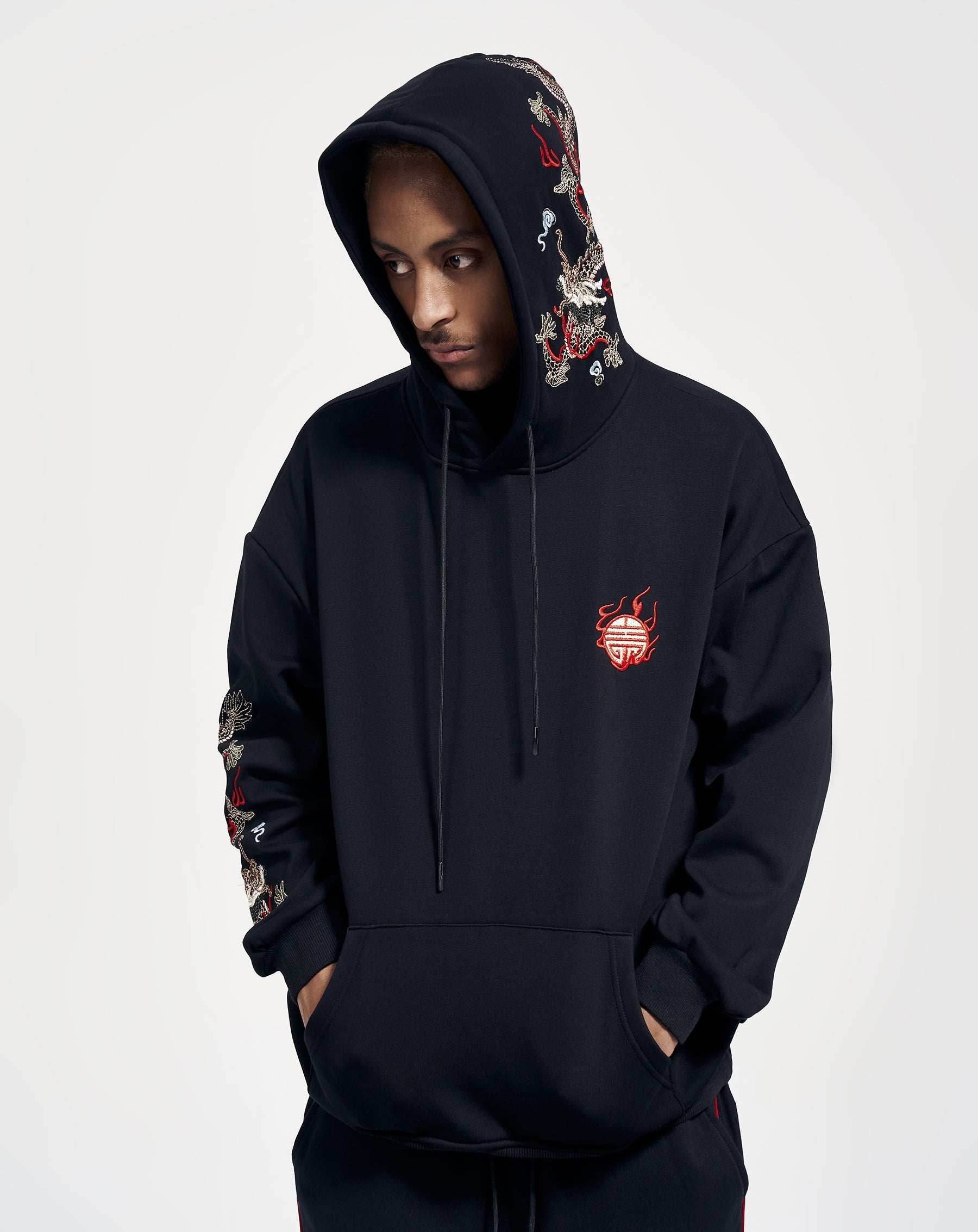 KH9190 Dragon Embroidery Hoodie - Black / S