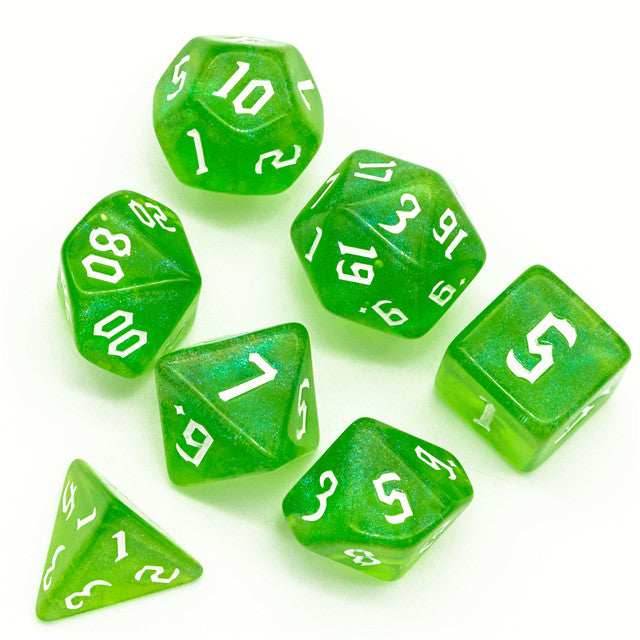 Deep Green Glitter Party Dice (White font) 7-Dice Set RPG DND - 