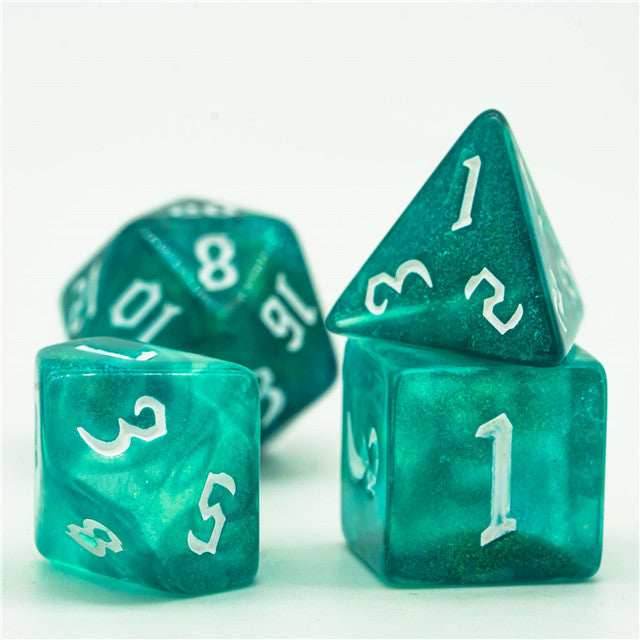 Blue-Green Glitter Party Dice (White font) 7-Dice Set RPG DND - 