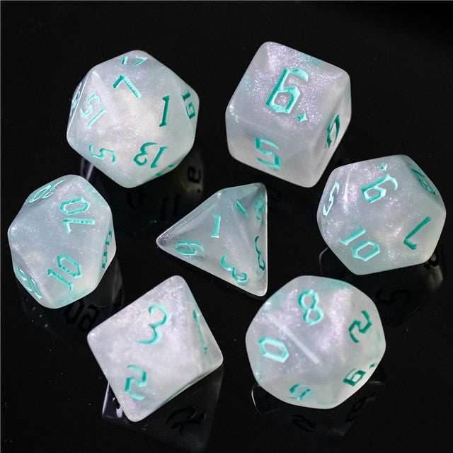 Glitter Party White Glitter Dice (Mint font) 7-Dice Set RPG DND - 