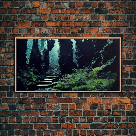 Fantasy Forest with Temple Steps, Wall Decor, Ready To Hang Framed Canvas Print, Oversize Wall Art