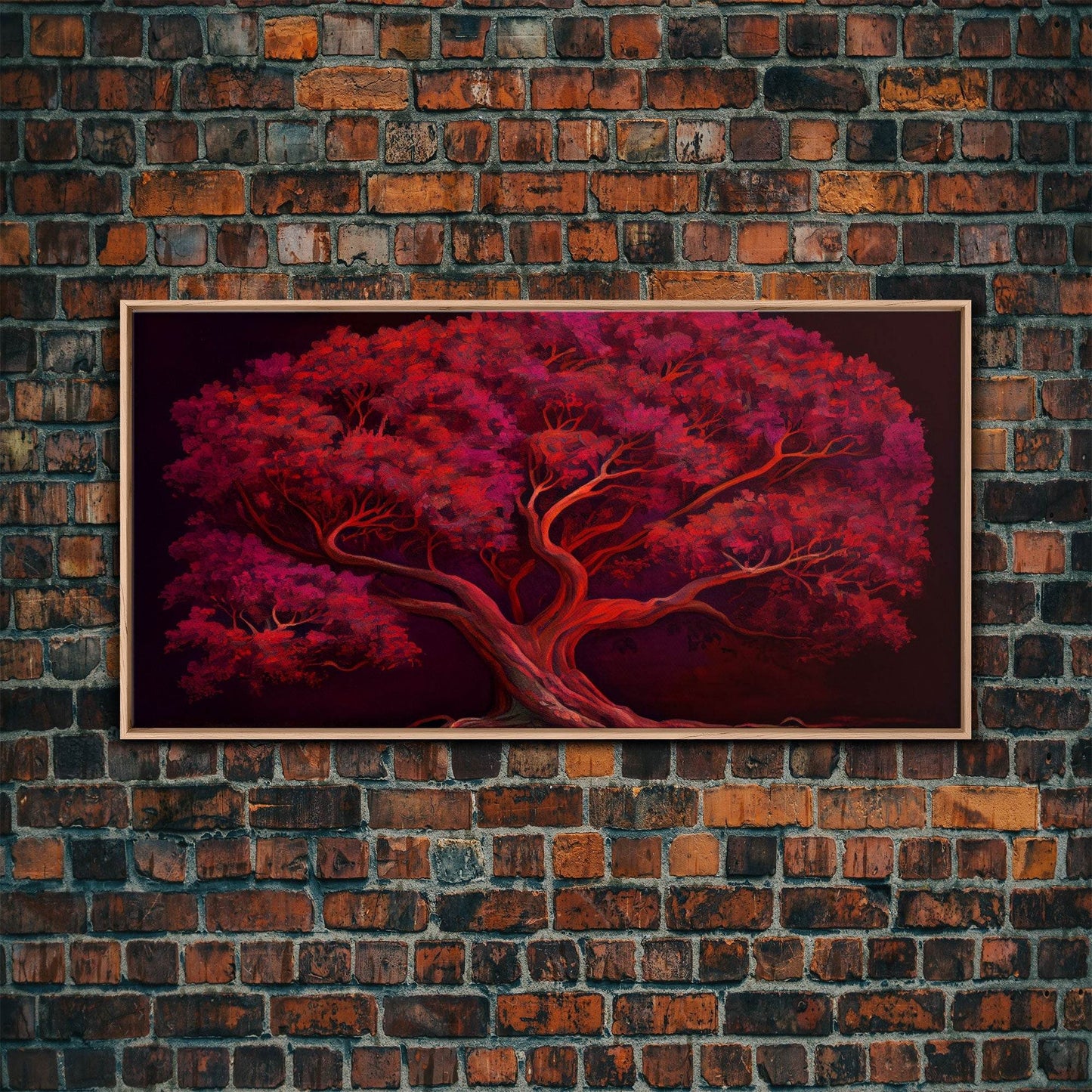 Blood red tree, fantasy horror art, framed canvas print - 10x20 Inches / Light Oak Frame