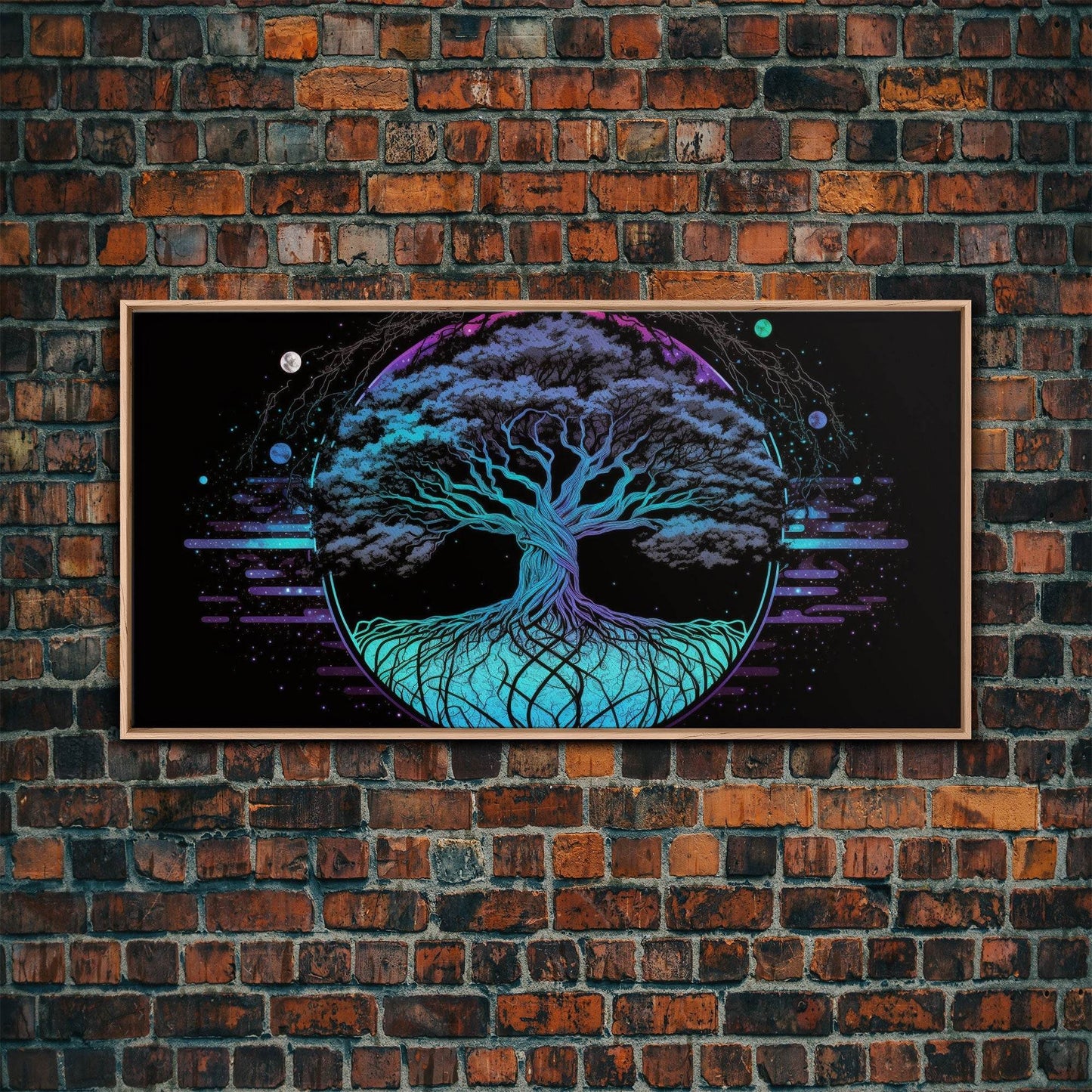 Norse Mythology Art, Synthwave Style Yggdrasil Tree of Life and the 9 Realms, Fantasy Art, Framed Canvas Print, Game Room Nordic Art - 10x20 Inches / Light Oak Frame