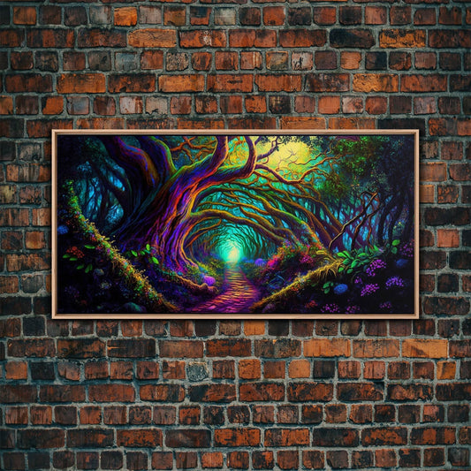 Fantasy wall art, canvas print, magical forest, fantasy landscape art, ready to hang wall art, magical glowing forest fantasy art - 10x20 Inches / Light Oak Frame