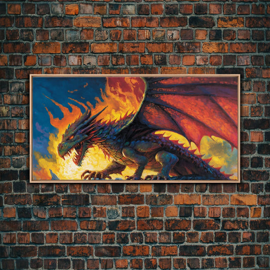 Fire Breathing Horned Dragon, Framed Canvas Print, Colorful Fantasy Wall Art, Videogame Concept Decor, Dragon Painting - 10x20 Inches / Light Oak Frame