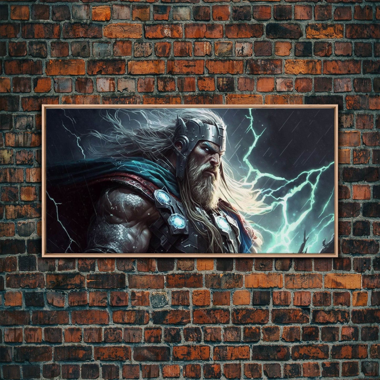 Thor God of Thunder, Framed Canvas Print, Norse Mythology Art, Fantasy Art - 10x20 Inches / Light Oak Frame