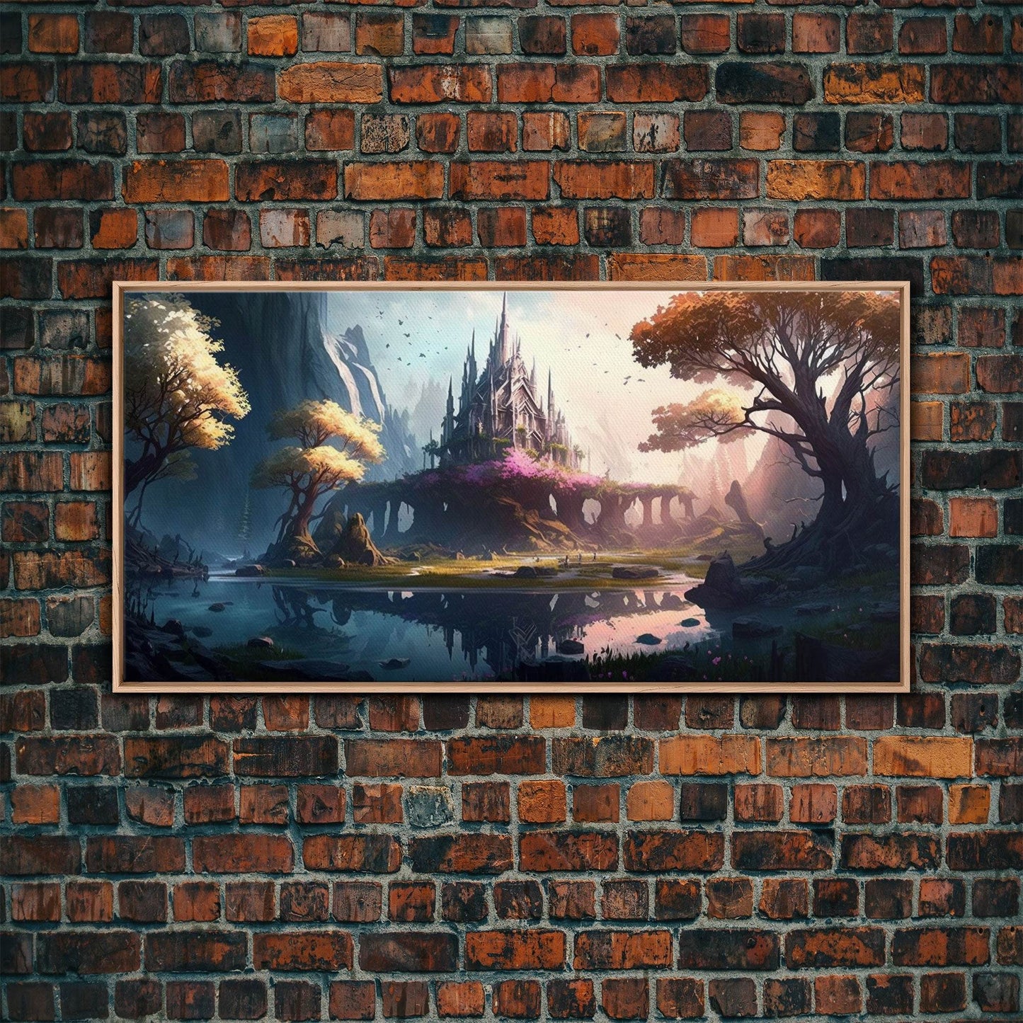 Norse Mythology Art, Alfheim Realm of the Light Elves, Framed Canvas Print, Fantasy Wall Art - 10x20 Inches / Light Oak Frame