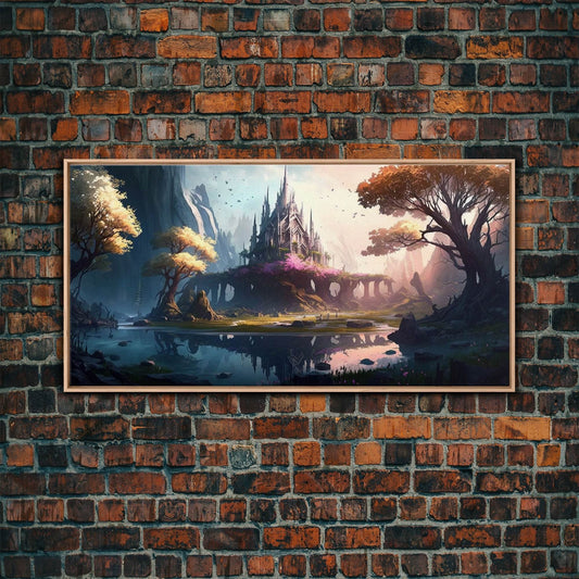 Norse Mythology Art, Alfheim Realm of the Light Elves, Framed Canvas Print, Fantasy Wall Art - 10x20 Inches / Light Oak Frame