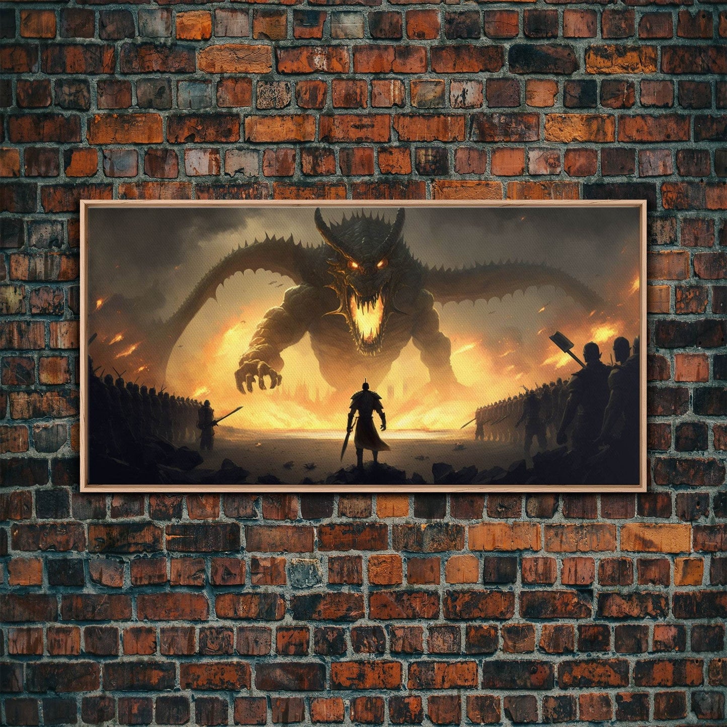 Warrior Facing Down a Dragon, Framed Canvas Print, Unique Fantasy Wall Art, In The Time of Dragons - 10x20 Inches / Light Oak Frame
