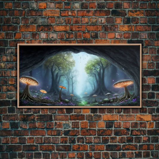 Magical Enchanted Mushroom Forest, Fantasy Art, Framed Canvas Print, Bioluminescent Butterflies in an Enchanted Forest, Glowing Art - 10x20 Inches / Light Oak Frame