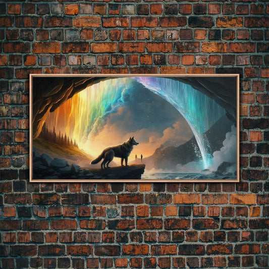 Fenrir, Mythological Wolf, With Bifrost. Norse Mythology Fantasy Art, Framed Canvas Print, Nordic Art - 10x20 Inches / Light Oak Frame