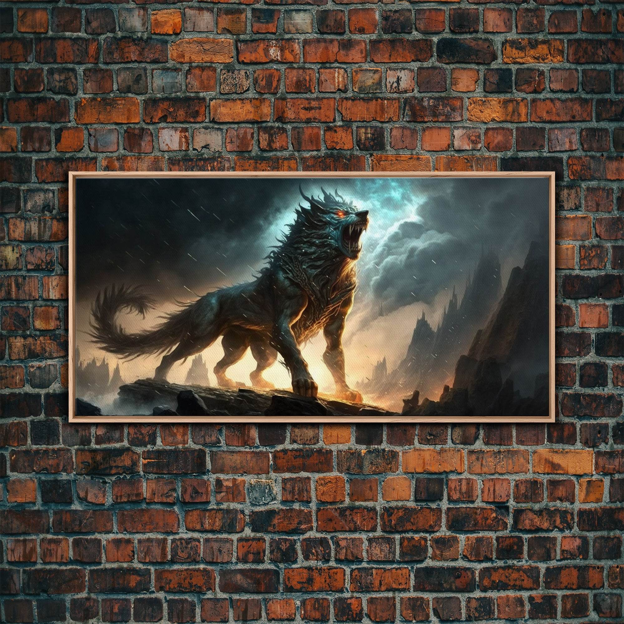 Fenrir, Fenrisúlfr, Norse Mythology, Hróðvitnir, Vánagandr, Vanargand, Fantasy Wolf Art, Nordic Fantasy Art - 10x20 Inches / Light Oak Frame