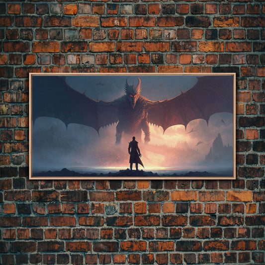 Warrior Facing Down a Dragon, Framed Canvas Print, Unique Fantasy Wall Art, In The Time of Dragons - 10x20 Inches / Light Oak Frame