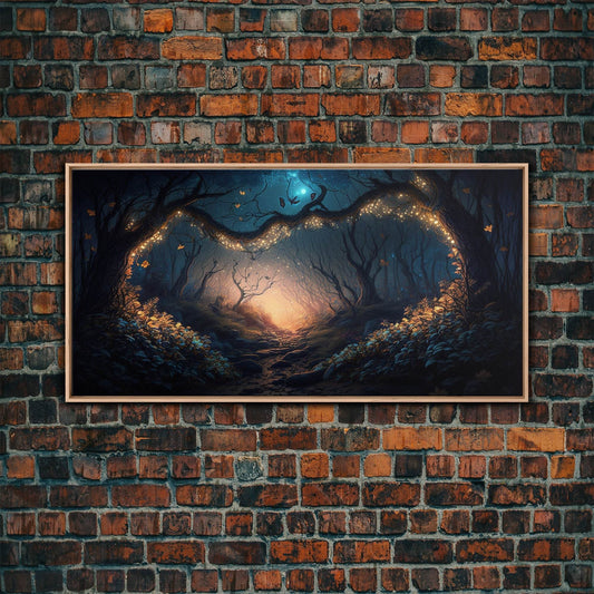 Wreath of Fireflies, Beautiful Fantasy Art, Framed Canvas Print, Moonlit Forest Floor Fantasy Concept Art - 10x20 Inches / Light Oak Frame