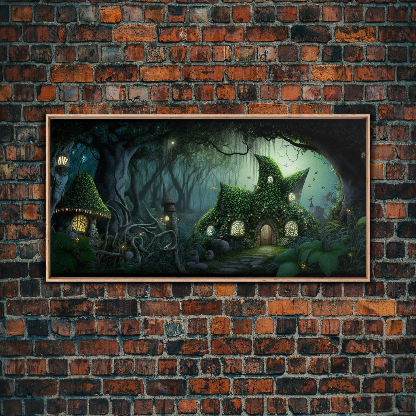 Gnome City, Wall Art, Fantasy Canvas Print, Framed Art, Tiny Gnome Houses On The Forest Floor - 10x20 Inches / Light Oak Frame