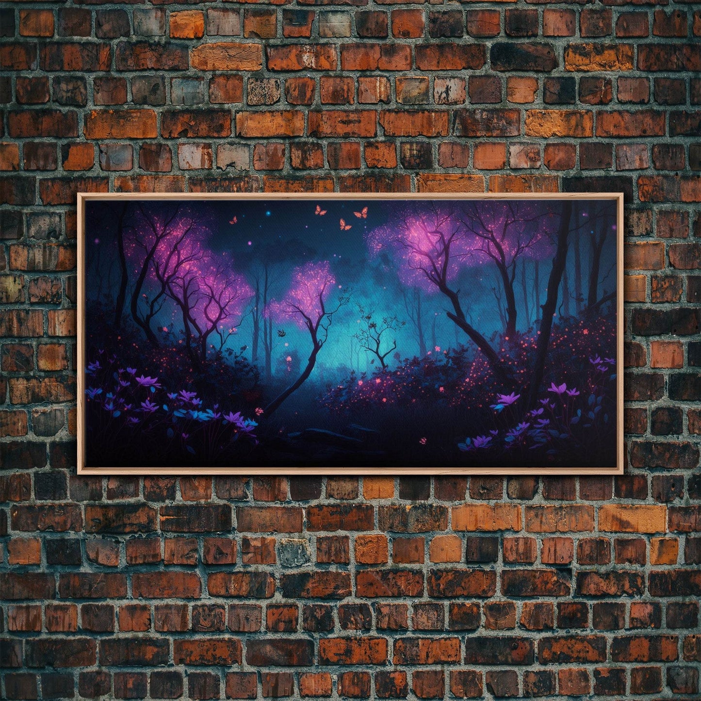 Beautiful forest canvas print Fantasy forest wall art Forest Painting, Framed Art, Glowing Butterflies - 10x20 Inches / Light Oak Frame