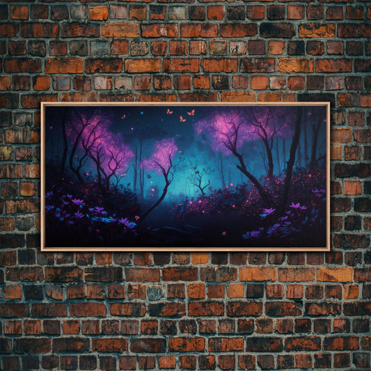 Beautiful forest canvas print Fantasy forest wall art Forest Painting, Framed Art, Glowing Butterflies - 10x20 Inches / Light Oak Frame