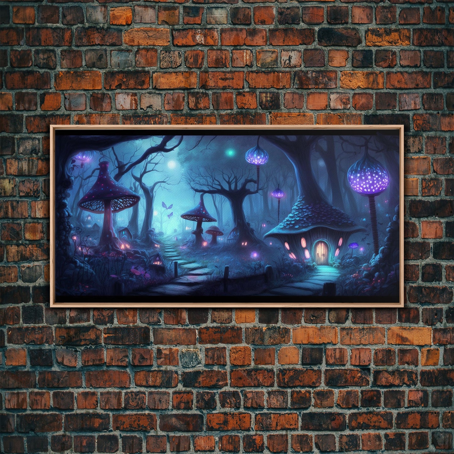 Magical Mushroom Fantasy Forest Wall Art, Framed Canvas Print, Game Room Art, Fantasy Decor