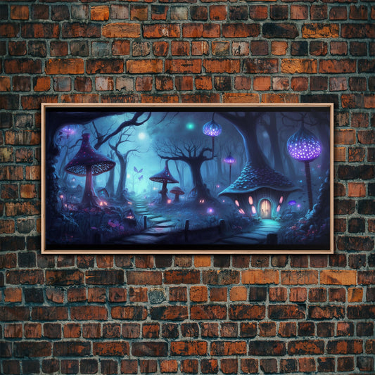 Magical Mushroom Fantasy Forest Wall Art, Framed Canvas Print, Game Room Art, Fantasy Decor