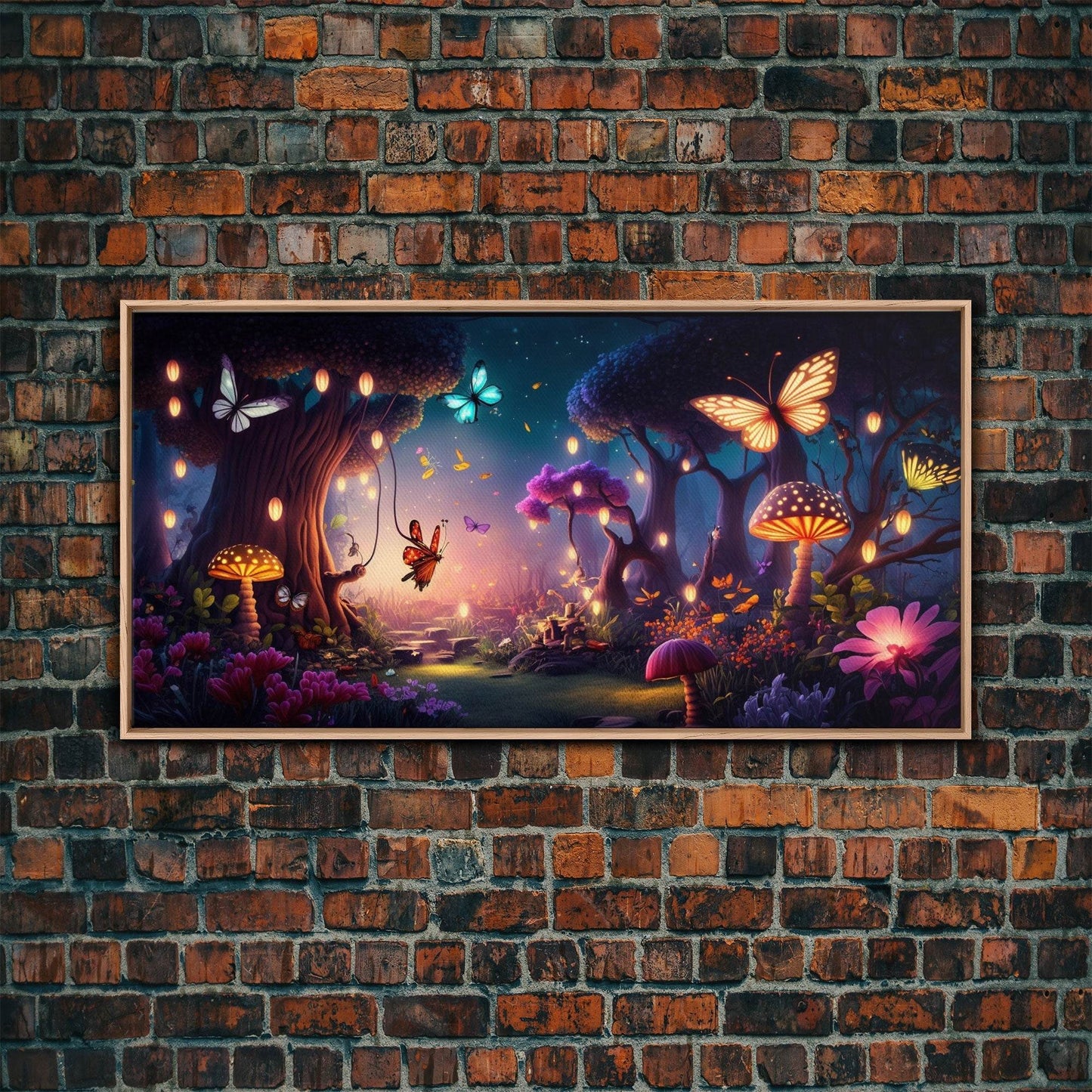 Vibrant Fantasy Forest Wall Art, The Forest Floor, Bioluminescent Glowing Butterflies, Gift, Framed Canvas Print - 10x20 Inches / Light Oak Frame