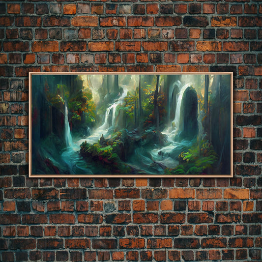 Waterfall wall art, canvas print, giclee, fantasy wall art, water color, nature wall decor, water landscape art, serenity art - 10x20 Inches / Light Oak Frame