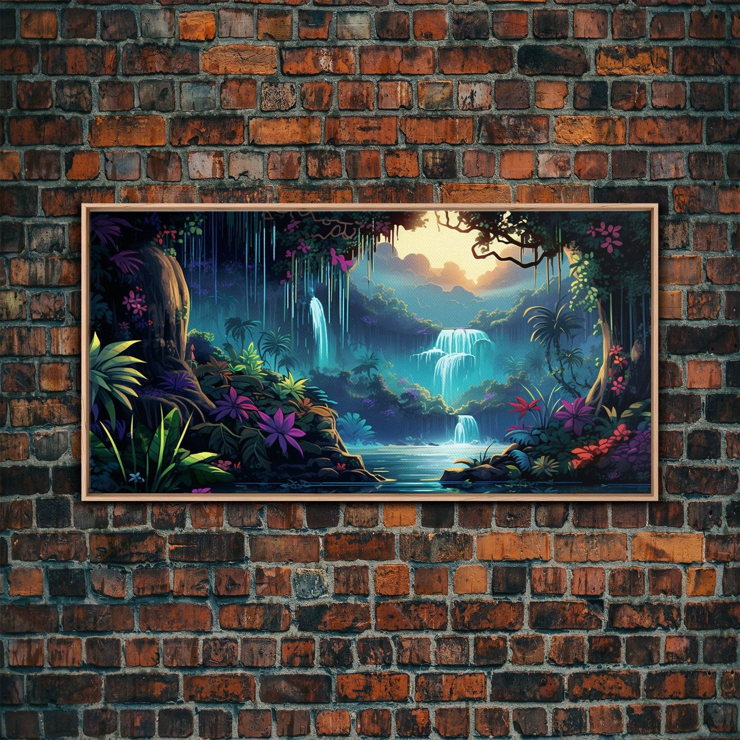 Fantasy Forest Wall Art, Waterfalls, Forest Wall Art, Trees Wall Print, Panoramic Art, Wall Art, Canvas Art, Landscape Art, Gaming Wall Art - 10x20 Inches / Light Oak Frame