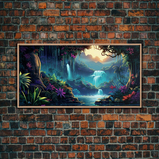 Fantasy Forest Wall Art, Waterfalls, Forest Wall Art, Trees Wall Print, Panoramic Art, Wall Art, Canvas Art, Landscape Art, Gaming Wall Art - 10x20 Inches / Light Oak Frame
