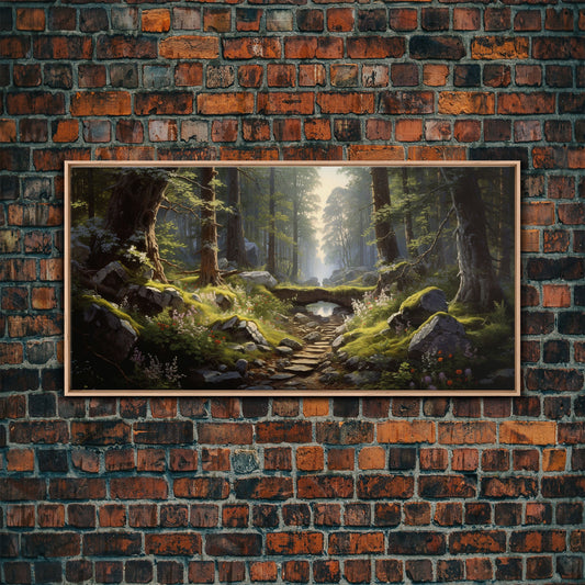 SlightlyScorched Framed Canvas Print Emerald Green Fantasy Forest, Mountain Forest Lake Landscape Minimalist Modern Art Nature Wall Decor