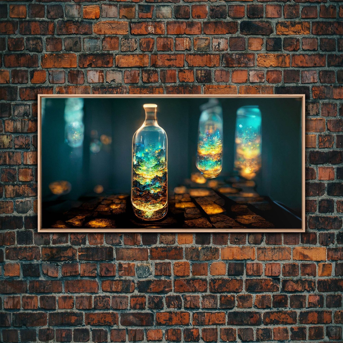 Miniature world in a bottle canvas print, high fantasy wall art, magical wall art, ready to hang wall art - 10x20 Inches / Light Oak Frame