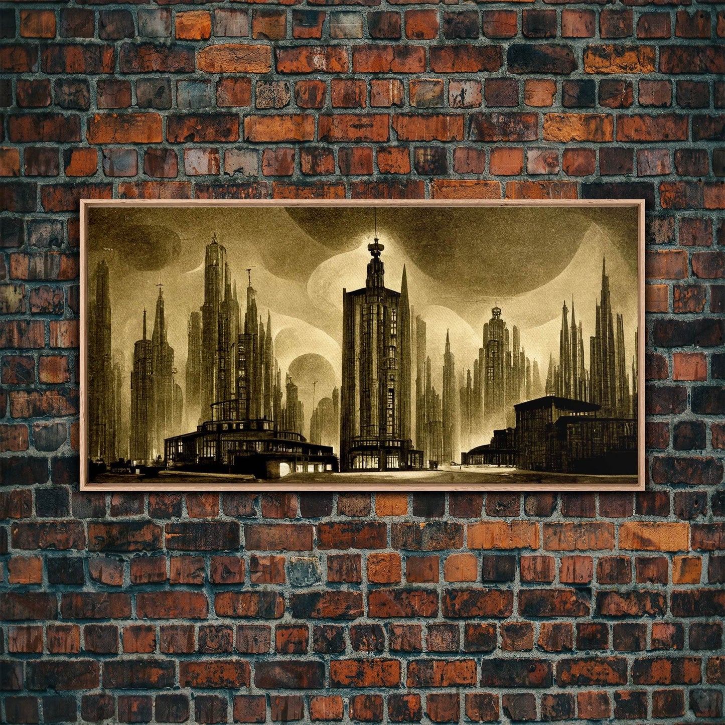 Dystopian Metropolis Art Deco Canvas Print, City Skyline, Fantasy Art, Art Deco Living Room Art, ready to hang wall art - 10x20 Inches / Light Oak Frame