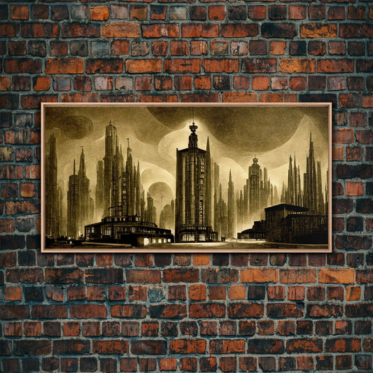 Dystopian Metropolis Art Deco Canvas Print, City Skyline, Fantasy Art, Art Deco Living Room Art, ready to hang wall art - 10x20 Inches / Light Oak Frame