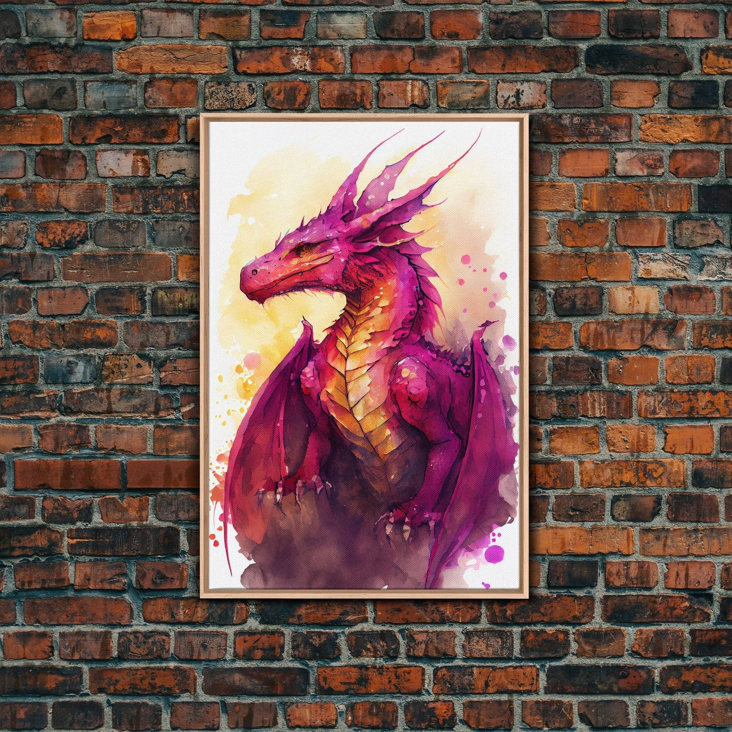 Magenta Purple Watercolor Dragon Fantasy Fine Art Print, Wall Decor, Wall Poster, Wall Art Print - 8x12 Inches / Light Oak Frame