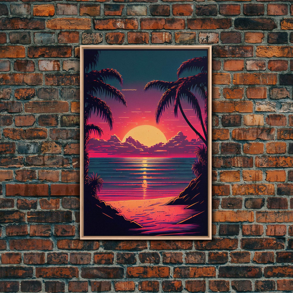 8 bit pixel art sunset, synthwave style palm tree beach, framed canvas print, framed wall art painting - 8x12 Inches / Light Oak Frame