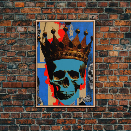 Skull With The Gold Crown, Framed Canvas Print, Unique Fantasy Undead Wall Art - 8x12 Inches / Light Oak Frame