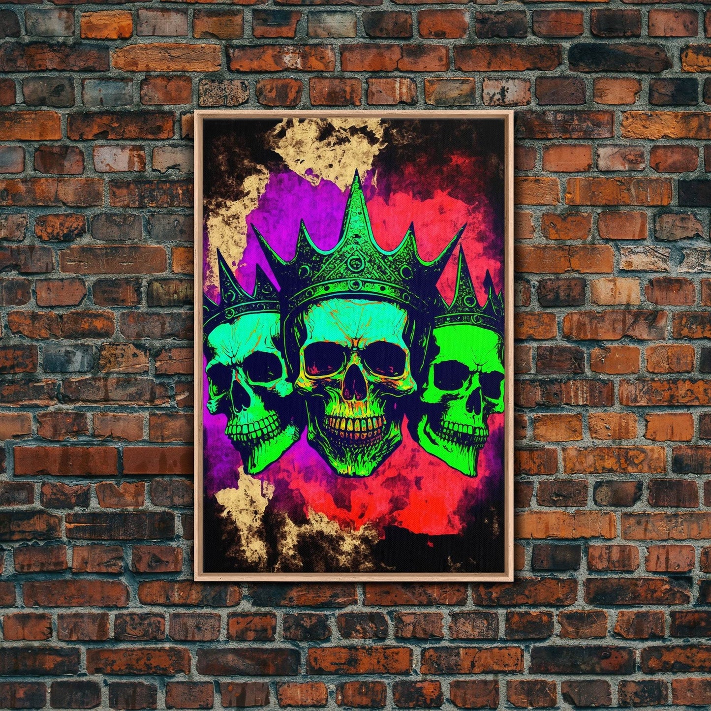 Psychedelic Skull With The Gold Crown, Framed Canvas Print, Unique Fantasy Undead Wall Art, Trippy Art - 8x12 Inches / Light Oak Frame