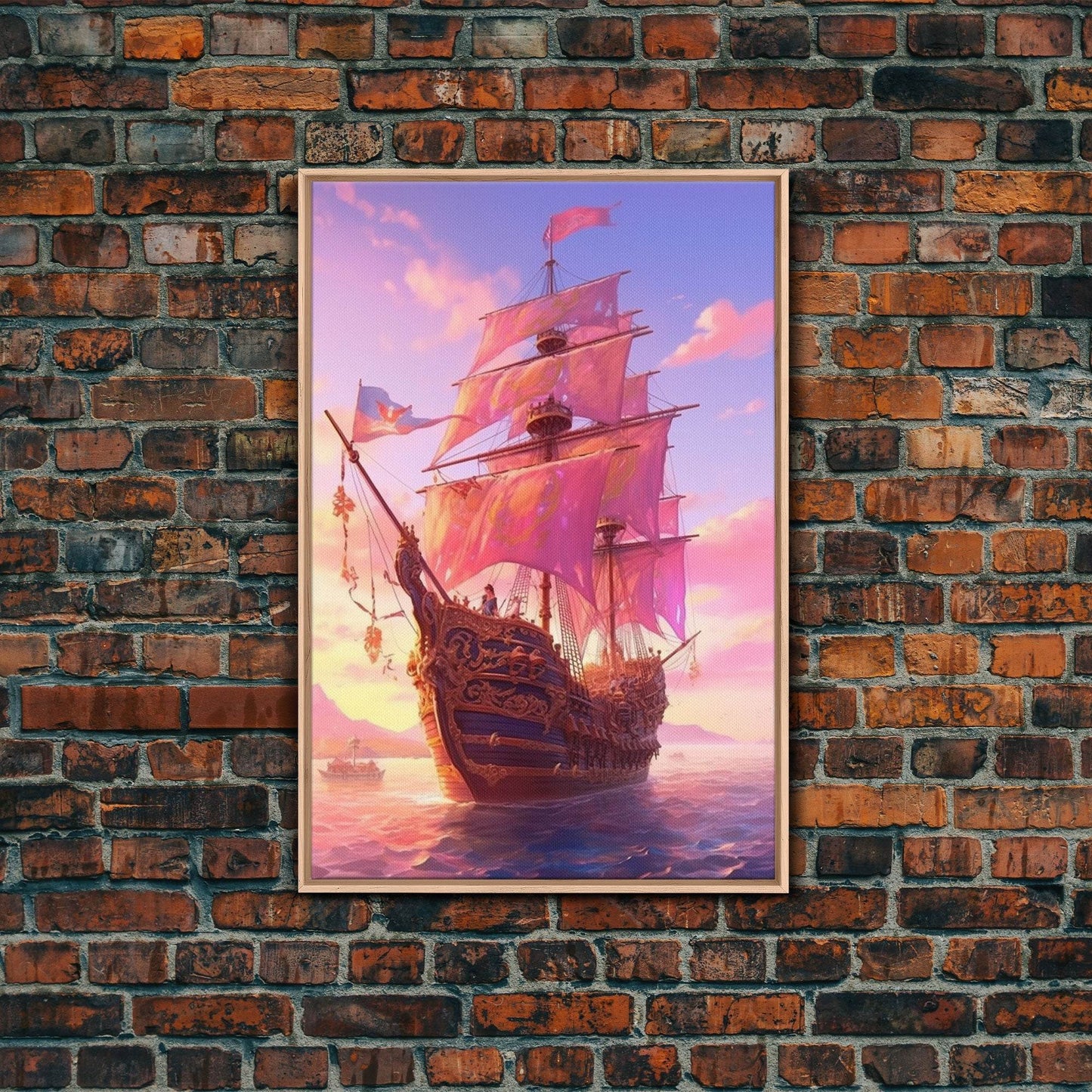 Gothic Pirate Ship at Sunset, Framed Canvas Print, Fantasy Wall Art, Wall Decor, Pirate Wal Art, Gift For Him, Kid's Room Art - 8x12 Inches / Light Oak Frame