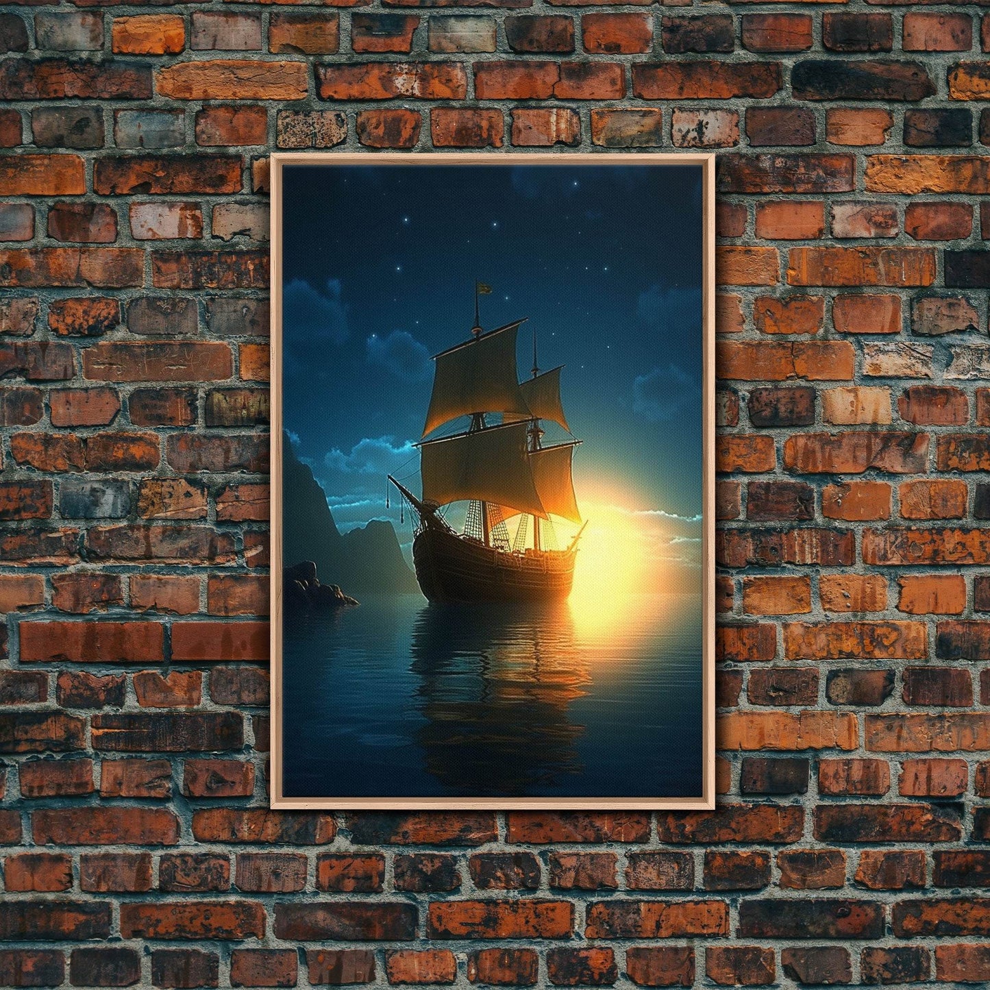 Gothic Pirate Ghost Ship, Framed Canvas Print, Fantasy Wall Art, Wall Decor, Pirate Wal Art, Gift For Him, Kid's Room Art - 8x12 Inches / Light Oak Frame