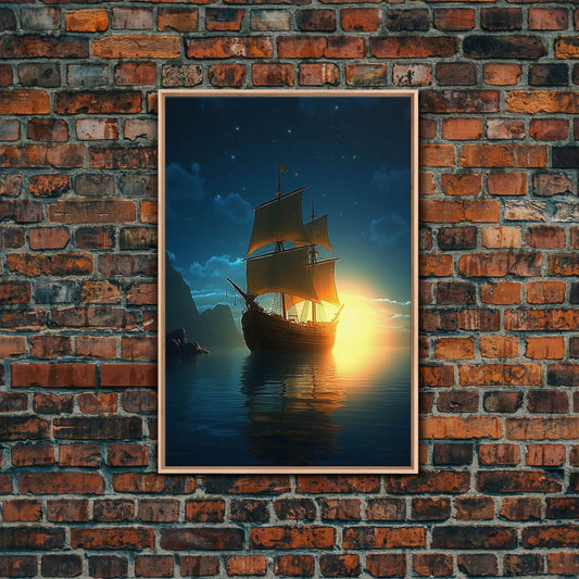 Gothic Pirate Ghost Ship, Framed Canvas Print, Fantasy Wall Art, Wall Decor, Pirate Wal Art, Gift For Him, Kid's Room Art - 8x12 Inches / Light Oak Frame