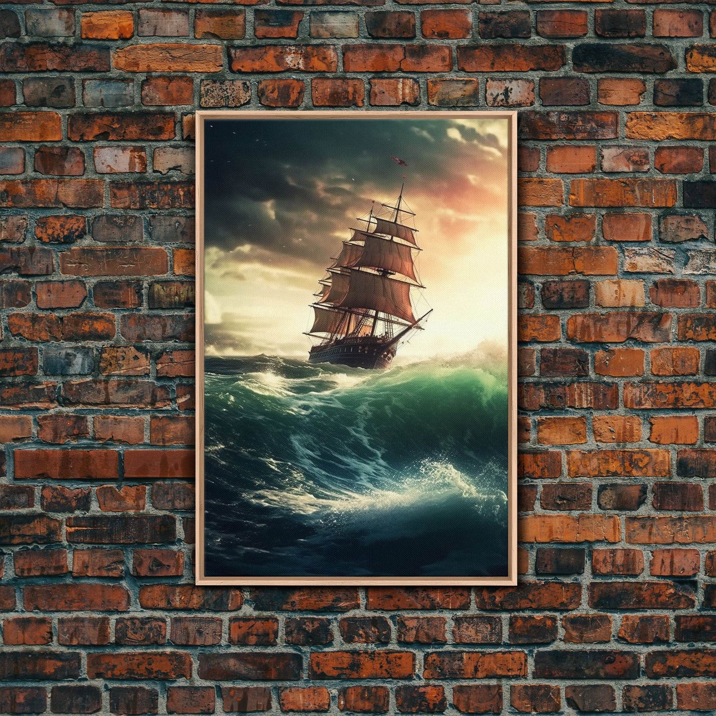 Haunted Pirate Ghost Ship On Rough Seas, Framed Canvas Print, Fantasy Wall Art, Wall Decor, Pirate Wal Art, Gift For Him, Kid's Room - 8x12 Inches / Light Oak Frame