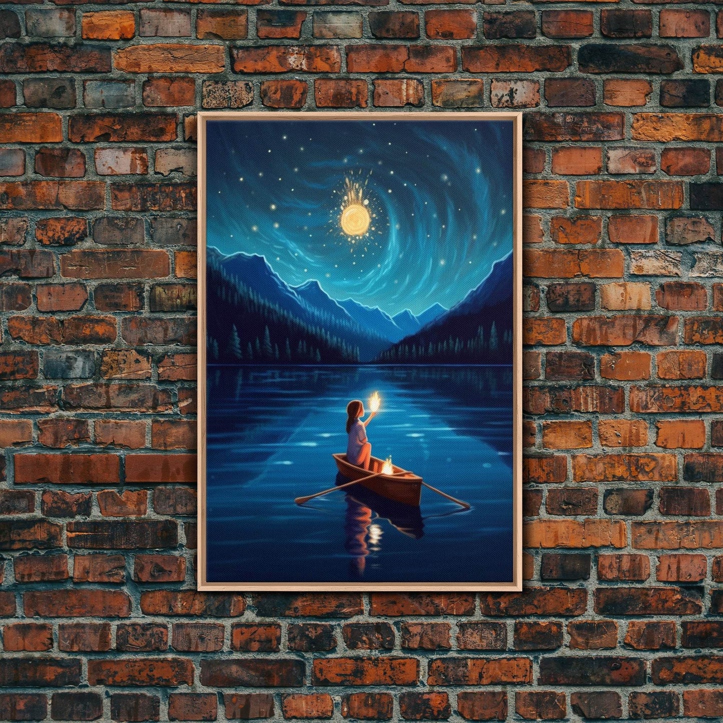 Starry Night, Girl Wizard Lights Up The Night Sky, Fantasy Art, Framed Canvas Print, Fantasy Painting Print, Original Art - 8x12 Inches / Light Oak Frame