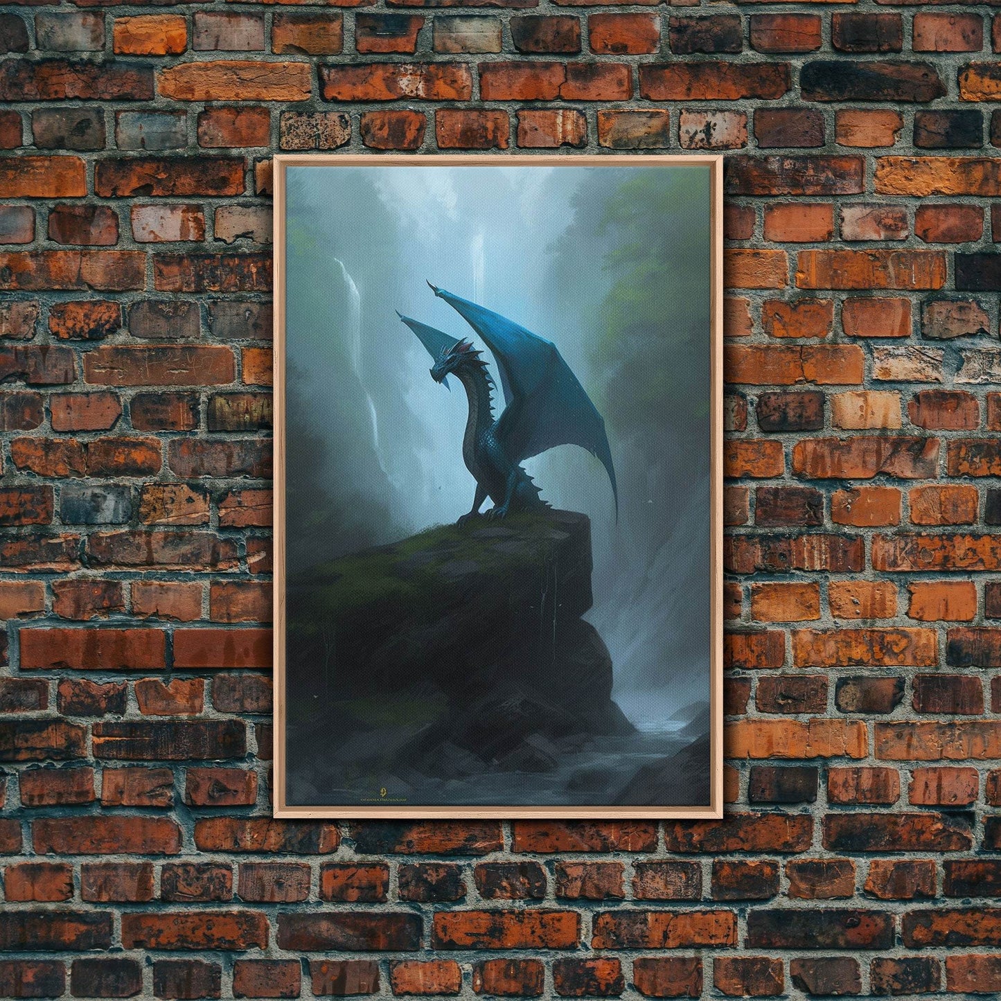 Majestic Forest Dragon Wall Art, Framed Canvas Print, Dragon Fantasy Painting, Forest Dragon Behind Secret Waterfalls Abstract Fantasy Art - 8x12 Inches / Light Oak Frame