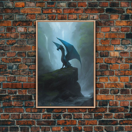 Majestic Forest Dragon Wall Art, Framed Canvas Print, Dragon Fantasy Painting, Forest Dragon Behind Secret Waterfalls Abstract Fantasy Art - 8x12 Inches / Light Oak Frame