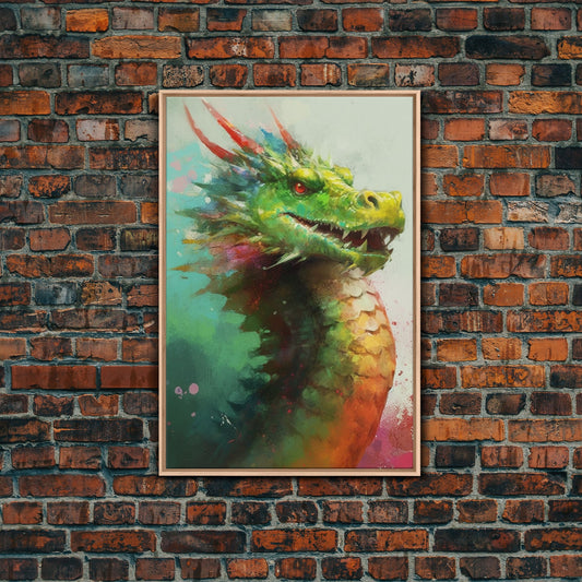 Framed Dragon Print, Watercolor Painting Of A Beautiful Dragon, Canvas Print, Canvas Art, Fantasy Decor