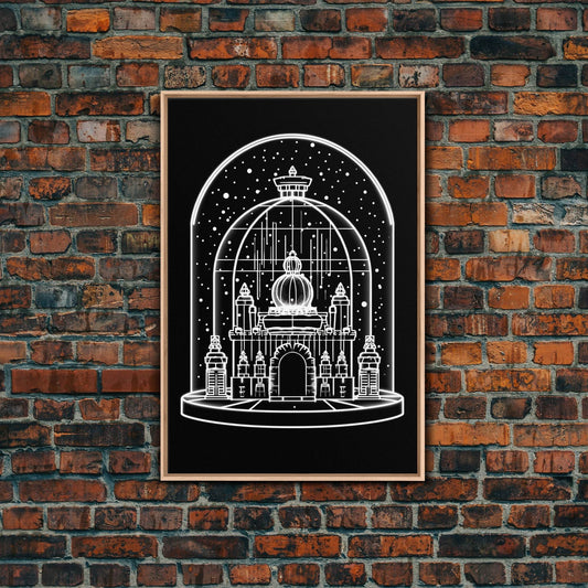 White Temple Wall Art, Snow Art Print, Fantasy Art, Line Art, Minimalist Print, Wall Decor, Canvas Print, Wall Art, Framed Canvas - 8x12 Inches / Light Oak Frame