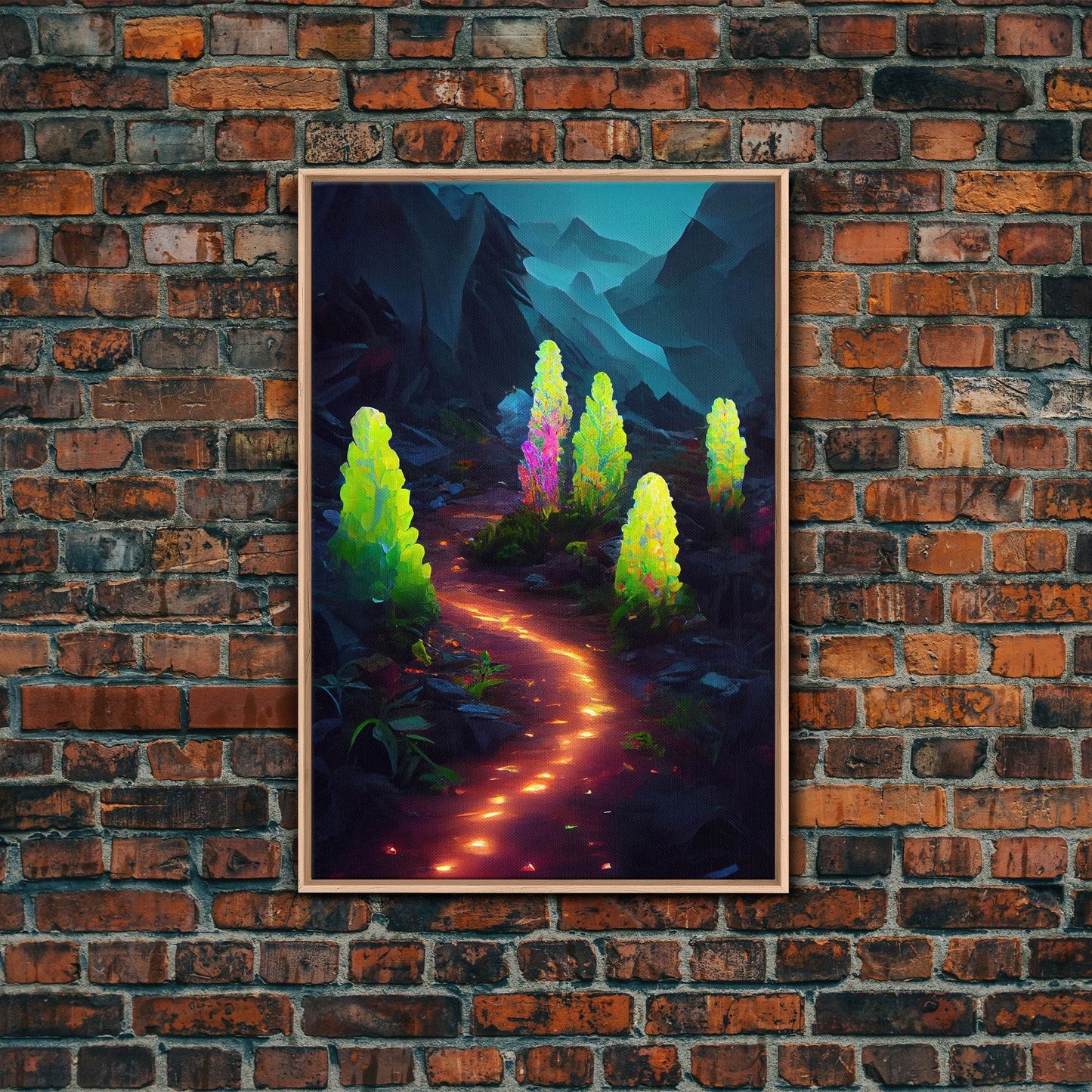 Magical forest canvas print, glowing mushroom art, fantasy forest wall art, gloomy dark home decor, luminescent forest trail wall art - 8x12 Inches / Light Oak Frame