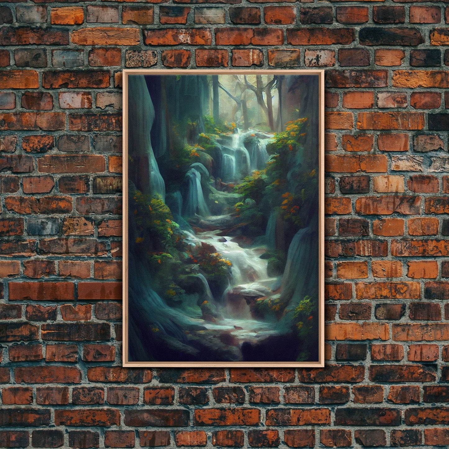Waterfall painting canvas print, fantasy wall art, watercolor print, high fantasy, nature landscape wall art for living room - 8x12 Inches / Light Oak Frame