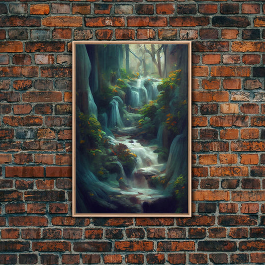 Waterfall painting canvas print, fantasy wall art, watercolor print, high fantasy, nature landscape wall art for living room - 8x12 Inches / Light Oak Frame