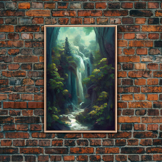 Waterfall canvas print, fantasy wall art, watercolor print, high fantasy, nature landscape living room wall art - 8x12 Inches / Light Oak Frame