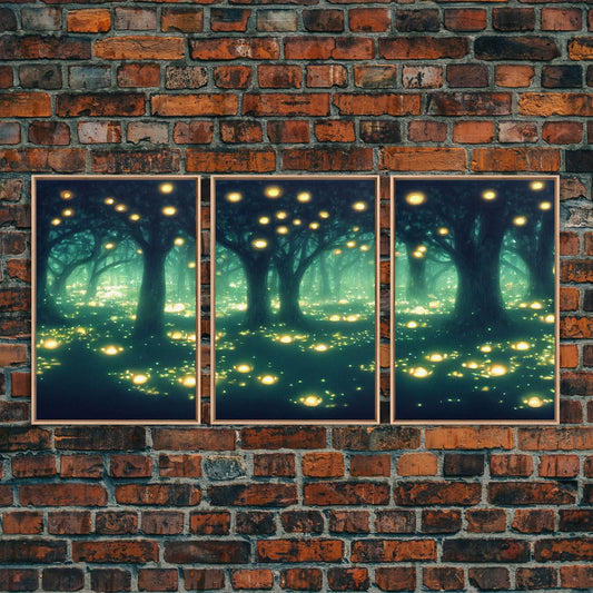 Fantasy forest wall decor, ready to hang 3 piece canvas print, 3 piece wall art, firefly wall art, Fireflies In A Fairy Forest at Night - 8x12 In. - 3 Pieces / Light Oak Frame